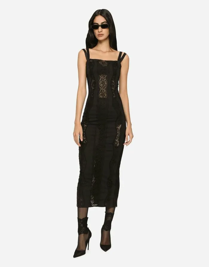 Dolce and Gabbana Dresses Women Jersey Calflength Dress With Lace Inserts Black Dolce and Gabbana Dresses Women Jersey Calflength Dress With Lace Inserts Black
