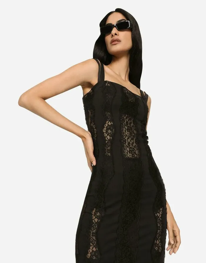Dolce and Gabbana Dresses Women Jersey Calflength Dress With Lace Inserts Black Dolce and Gabbana Dresses Women Jersey Calflength Dress With Lace Inserts Black