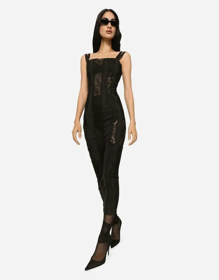 Dolce and Gabbana Dresses Women Jersey Calflength Dress With Lace Inserts Black Dolce and Gabbana Dresses Women Jersey Calflength Dress With Lace Inserts Black