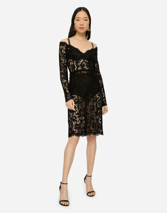 Dolce and Gabbana Dresses Women Lace And Tulle Midi Dress Black