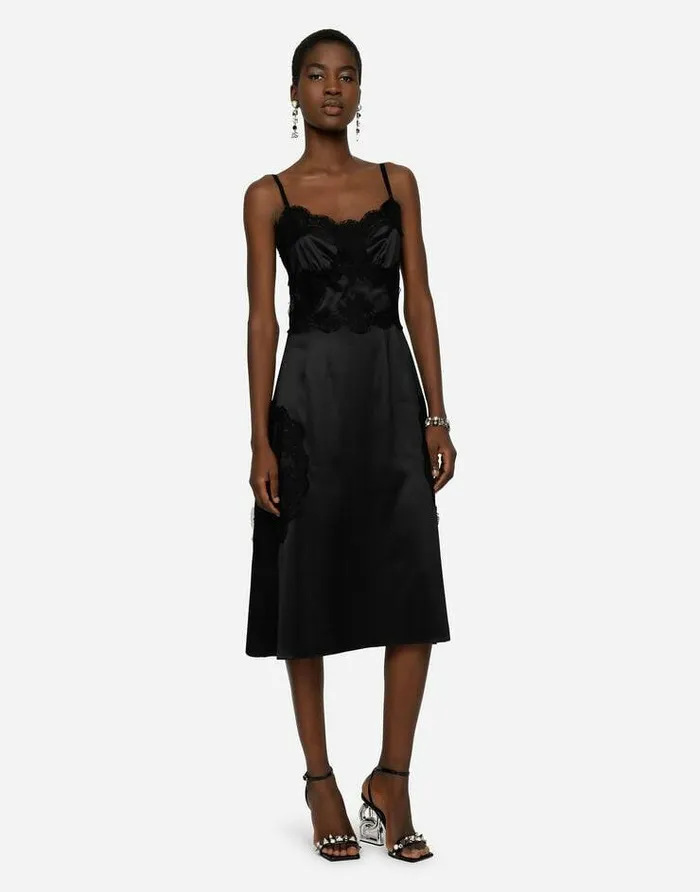 Dolce and Gabbana Dresses Women Satin And Lace Calflength Slip Dress Black