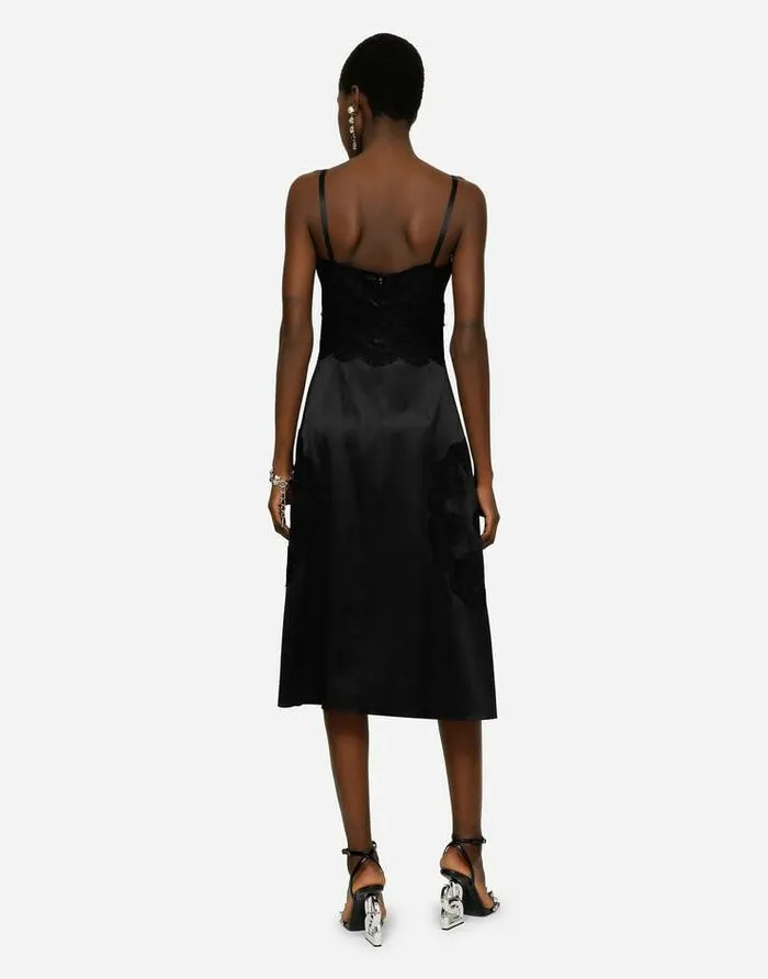 Dolce and Gabbana Dresses Women Satin And Lace Calflength Slip Dress Black