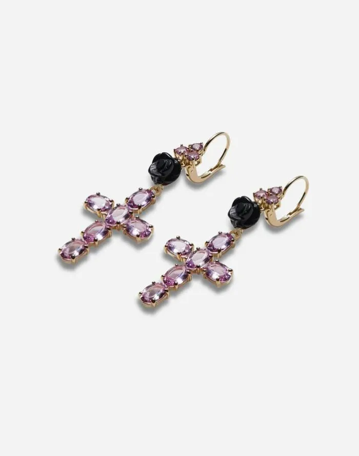 Dolce and Gabbana Earrings Women Family Yellow Gold Earrings With Rose And Cross Pendant Gold Dolce and Gabbana Earrings Women Family Yellow Gold Earrings With Rose And Cross Pendant Gold