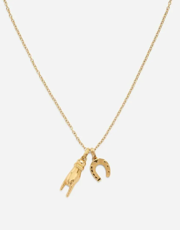 Dolce and Gabbana Necklaces Men Good Luck Hand With Horn And Horseshoe Pendants On Yellow Gold Chain Gold Dolce and Gabbana Necklaces Men Good Luck Hand With Horn And Horseshoe Pendants On Yellow Gold Chain Gold