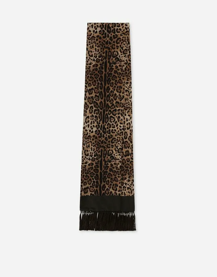 Dolce and Gabbana Scarves And Silks Men Leopardprint Silk Scarf With Fringing Animal Print