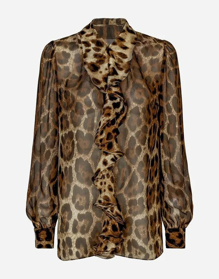 Dolce and Gabbana Shirts And Tops Women Leopardprint Chiffon Shirt With Ruches Animal Print Dolce and Gabbana Shirts And Tops Women Leopardprint Chiffon Shirt With Ruches Animal Print