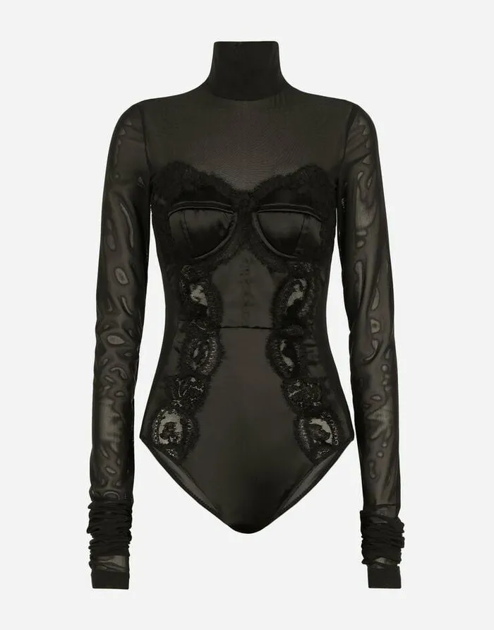 Dolce and Gabbana Shirts And Tops Women Longsleeved Tulle And Lace Bodysuit Black