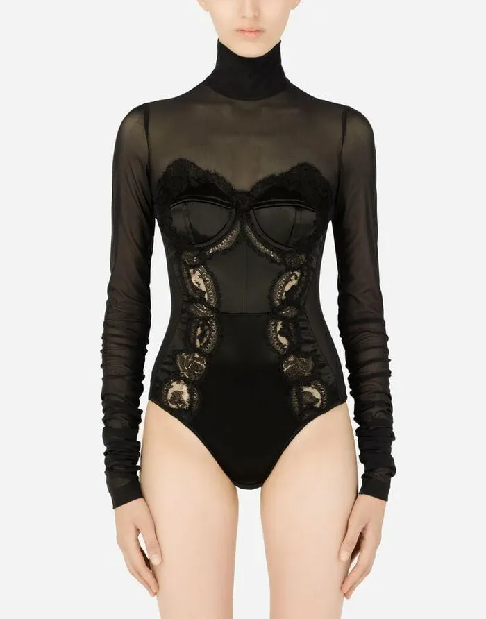 Dolce and Gabbana Shirts And Tops Women Longsleeved Tulle And Lace Bodysuit Black Dolce and Gabbana Shirts And Tops Women Longsleeved Tulle And Lace Bodysuit Black