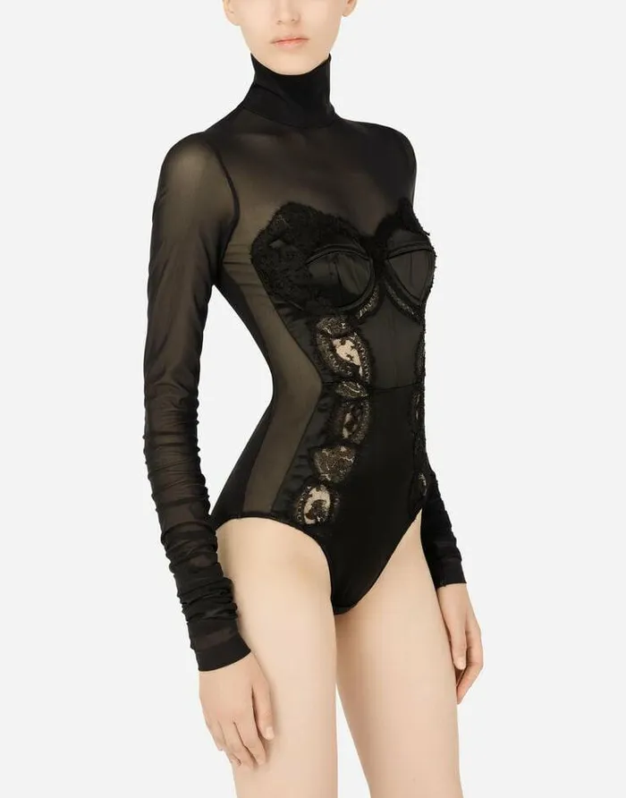 Dolce and Gabbana Shirts And Tops Women Longsleeved Tulle And Lace Bodysuit Black Dolce and Gabbana Shirts And Tops Women Longsleeved Tulle And Lace Bodysuit Black