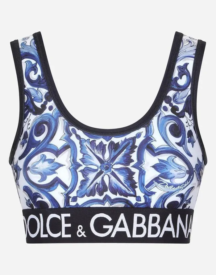 Dolce and Gabbana Shirts And Tops Women Majolicaprint Jersey Top With Branded Elastic Multicolor