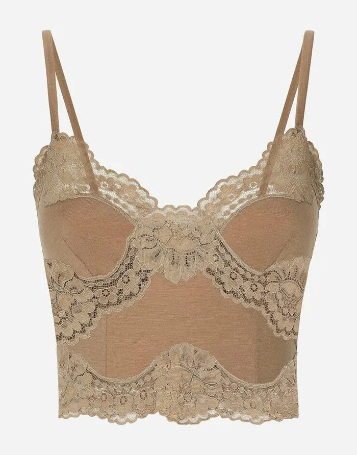 Dolce and Gabbana Shirts And Tops Women Wool Jersey Lingerie Crop Top With Lace Inlays Beige Dolce and Gabbana Shirts And Tops Women Wool Jersey Lingerie Crop Top With Lace Inlays Beige