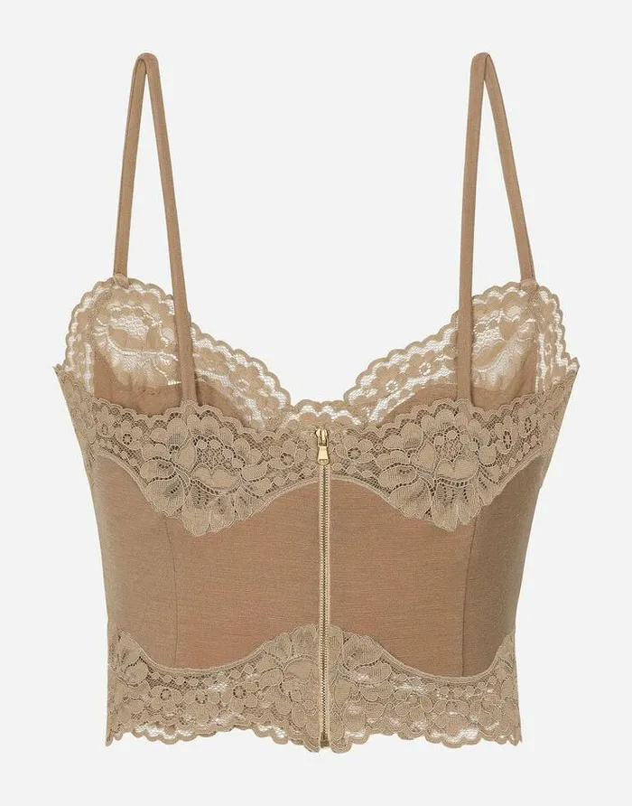 Dolce and Gabbana Shirts And Tops Women Wool Jersey Lingerie Crop Top With Lace Inlays Beige Dolce and Gabbana Shirts And Tops Women Wool Jersey Lingerie Crop Top With Lace Inlays Beige