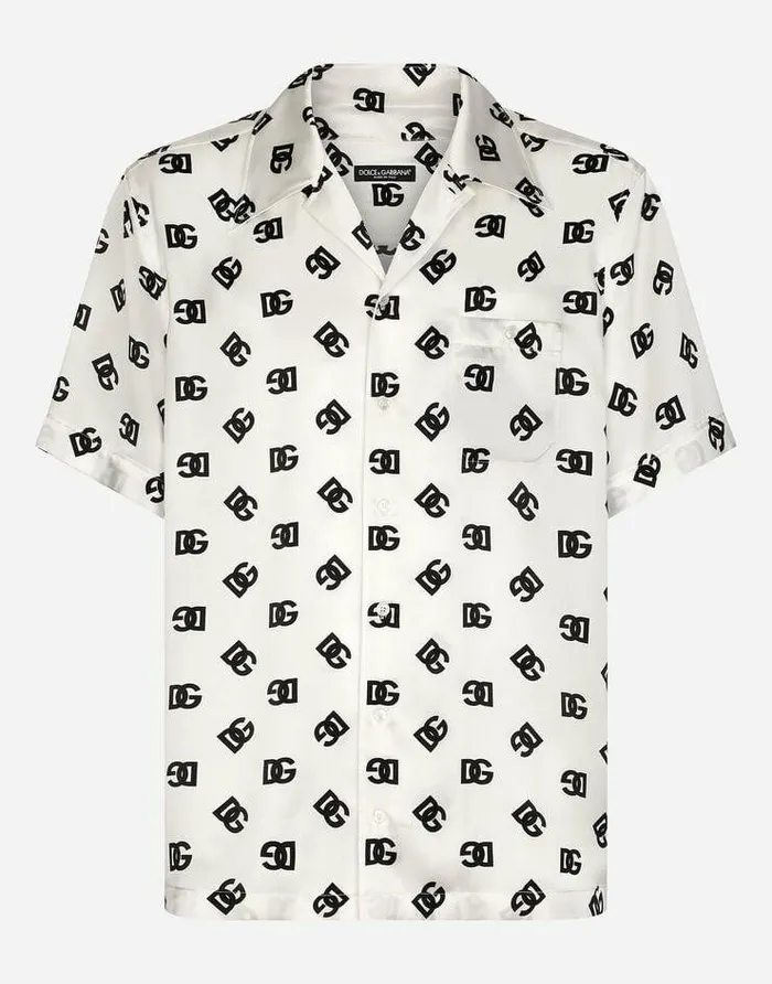 Dolce and Gabbana Shirts Men Silk Hawaiian Shirt With DG Monogram Print Multicolor