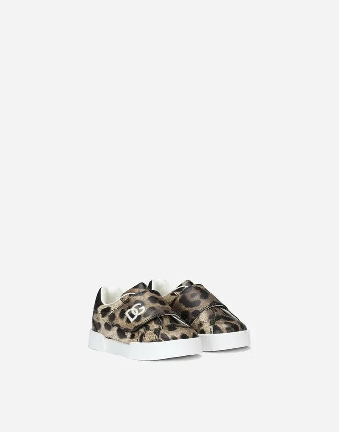 Dolce and Gabbana Shoes For First Steps 1926 Children Kids First Steps Portofino Sneakers With Leopard Print Animal Print