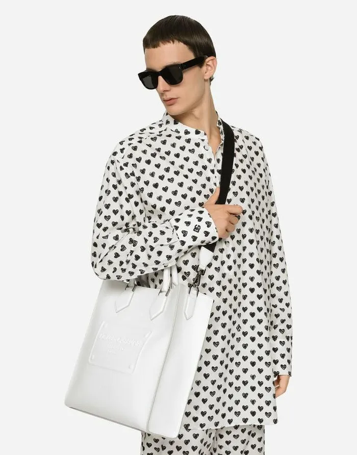 Dolce and Gabbana Shoppers Men Calfskin Tote Bag With Raised Logo White Dolce and Gabbana Shoppers Men Calfskin Tote Bag With Raised Logo White