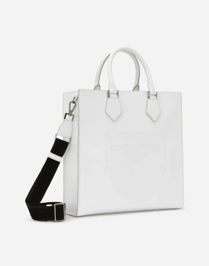 Dolce and Gabbana Shoppers Men Calfskin Tote Bag With Raised Logo White Dolce and Gabbana Shoppers Men Calfskin Tote Bag With Raised Logo White