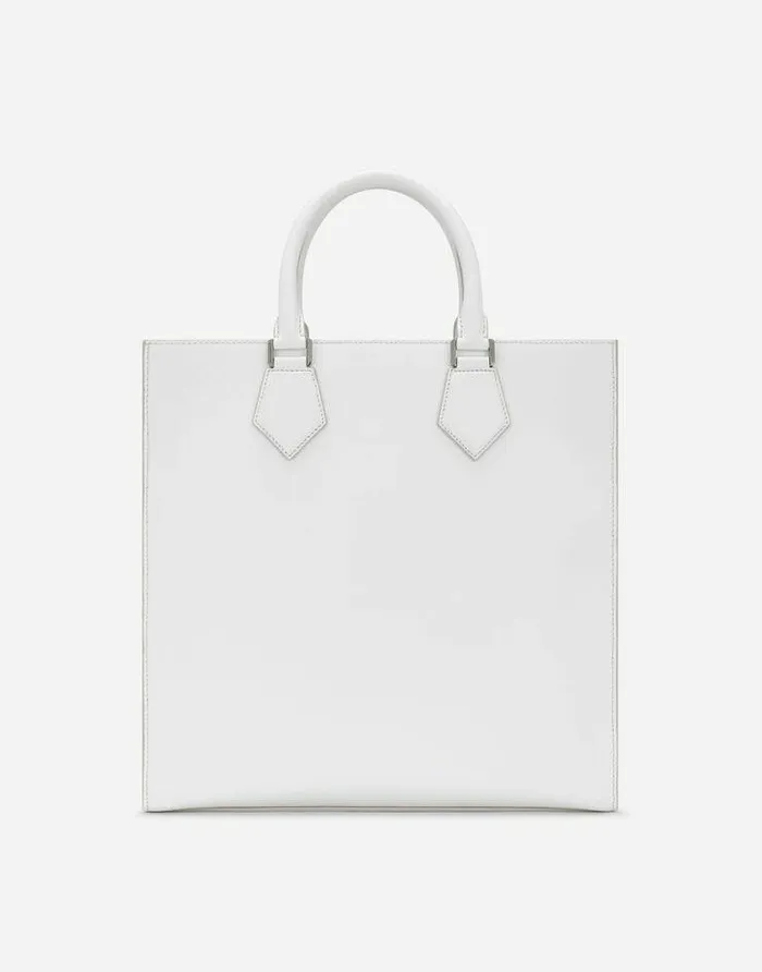 Dolce and Gabbana Shoppers Men Calfskin Tote Bag With Raised Logo White Dolce and Gabbana Shoppers Men Calfskin Tote Bag With Raised Logo White