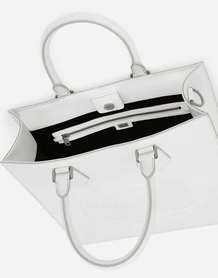 Dolce and Gabbana Shoppers Men Calfskin Tote Bag With Raised Logo White Dolce and Gabbana Shoppers Men Calfskin Tote Bag With Raised Logo White