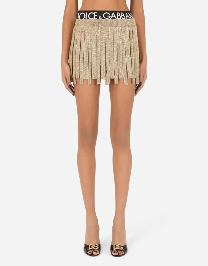 Dolce and Gabbana Skirts Women Crystal Mesh Miniskirt With Fringing Gold