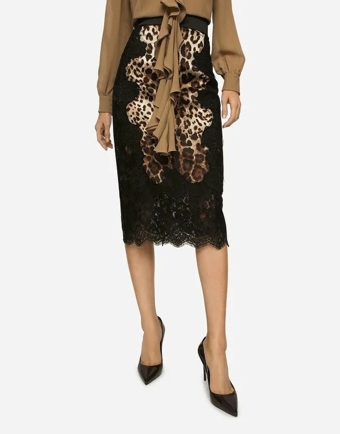 Dolce and Gabbana Skirts Women Leopardprint Satin Midi Skirt With Lace Inserts Multicolor Dolce and Gabbana Skirts Women Leopardprint Satin Midi Skirt With Lace Inserts Multicolor