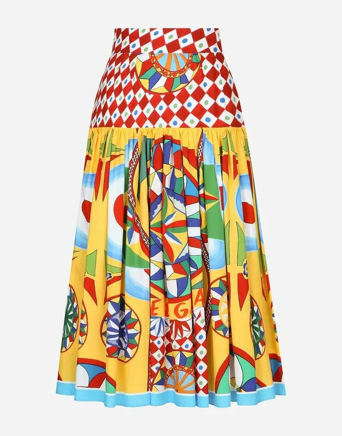 Dolce and Gabbana Skirts Women Poplin Midi Skirt With Carretto Print Red