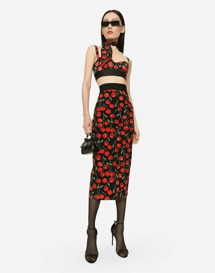 Dolce and Gabbana Skirts Women Technical Jersey Calflength Skirt With Elasticated Band With Logo And Cherry Print Multicolor Dolce and Gabbana Skirts Women Technical Jersey Calflength Skirt With Elasticated Band With Logo And Cherry Print Multicolor