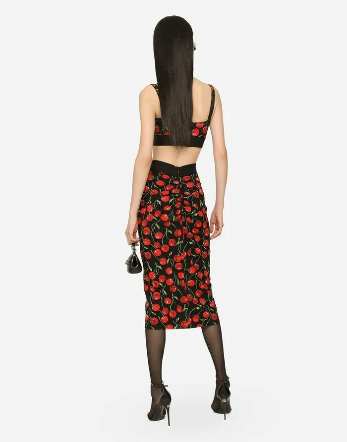 Dolce and Gabbana Skirts Women Technical Jersey Calflength Skirt With Elasticated Band With Logo And Cherry Print Multicolor Dolce and Gabbana Skirts Women Technical Jersey Calflength Skirt With Elasticated Band With Logo And Cherry Print Multicolor