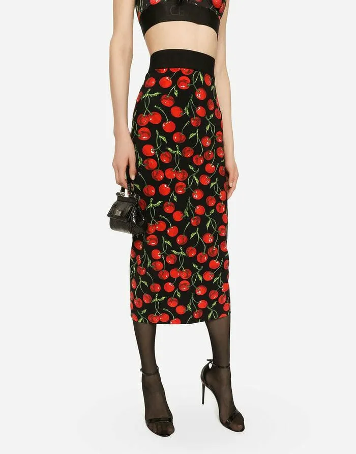 Dolce and Gabbana Skirts Women Technical Jersey Calflength Skirt With Elasticated Band With Logo And Cherry Print Multicolor Dolce and Gabbana Skirts Women Technical Jersey Calflength Skirt With Elasticated Band With Logo And Cherry Print Multicolor