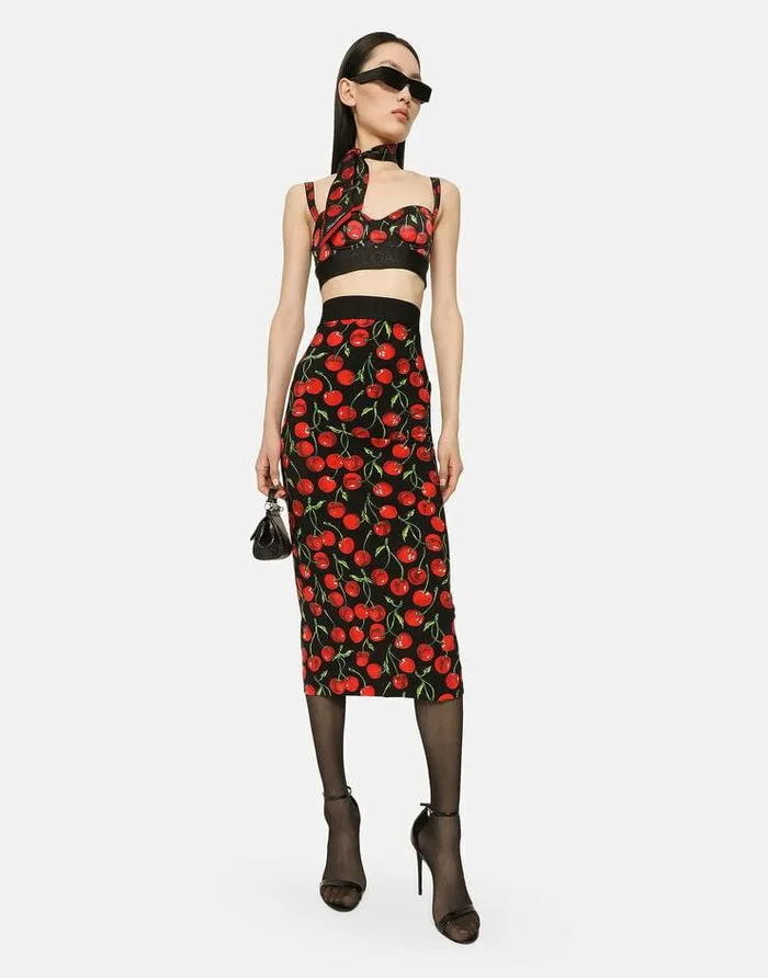 Dolce and Gabbana Skirts Women Technical Jersey Calflength Skirt With Elasticated Band With Logo And Cherry Print Multicolor Dolce and Gabbana Skirts Women Technical Jersey Calflength Skirt With Elasticated Band With Logo And Cherry Print Multicolor