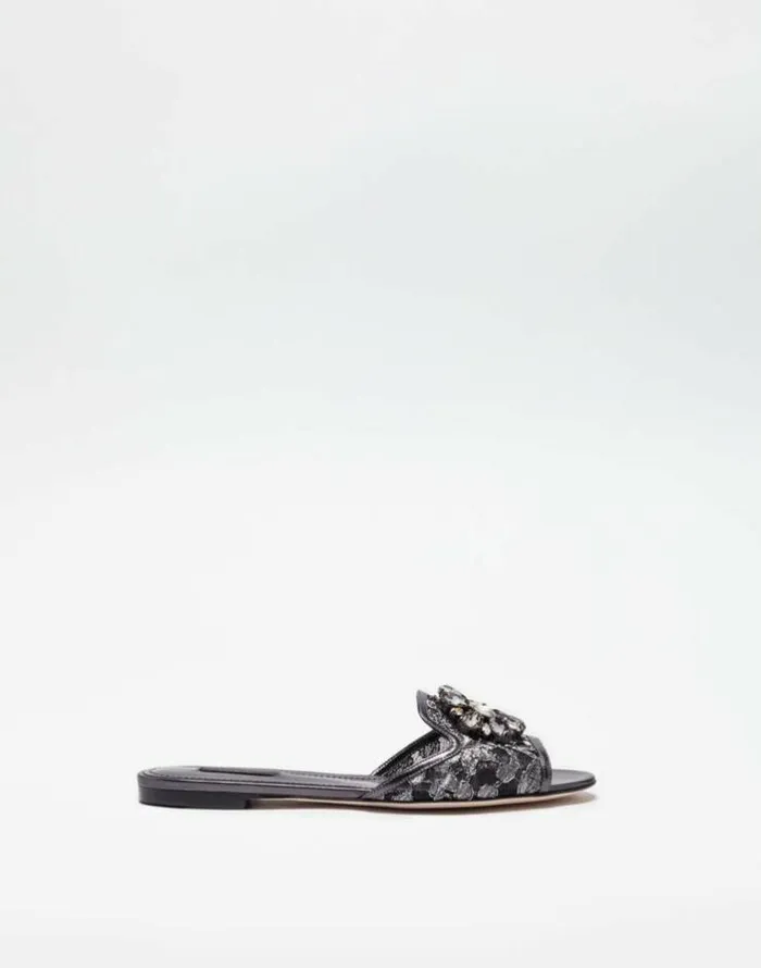 Dolce and Gabbana Slides And Mules Women Lurex Lace Rainbow Slides With Brooch Detailing Grey Dolce and Gabbana Slides And Mules Women Lurex Lace Rainbow Slides With Brooch Detailing Grey