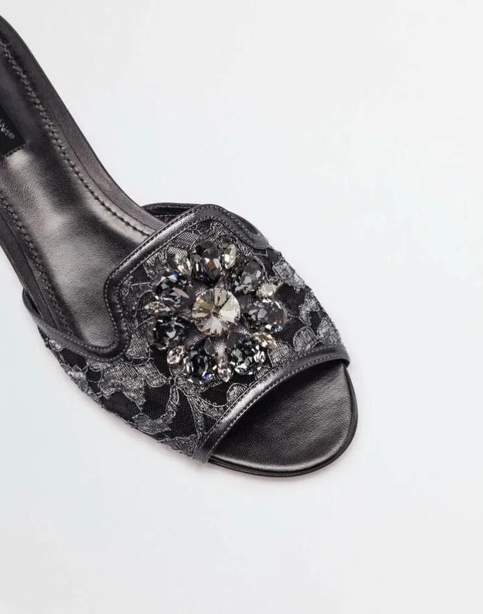 Dolce and Gabbana Slides And Mules Women Lurex Lace Rainbow Slides With Brooch Detailing Grey Dolce and Gabbana Slides And Mules Women Lurex Lace Rainbow Slides With Brooch Detailing Grey
