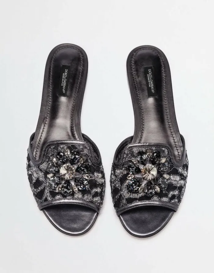 Dolce and Gabbana Slides And Mules Women Lurex Lace Rainbow Slides With Brooch Detailing Grey Dolce and Gabbana Slides And Mules Women Lurex Lace Rainbow Slides With Brooch Detailing Grey