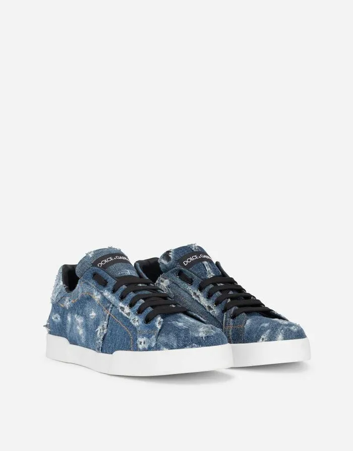 Dolce and Gabbana Sneakers Men Denim Patchwork Portofino Sneakers Blue
