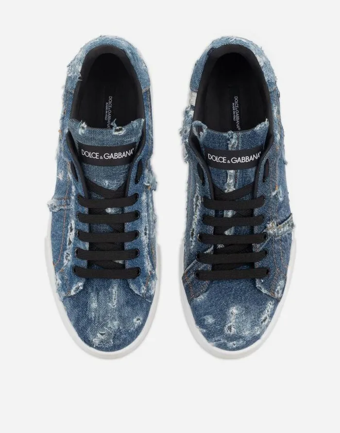 Dolce and Gabbana Sneakers Men Denim Patchwork Portofino Sneakers Blue