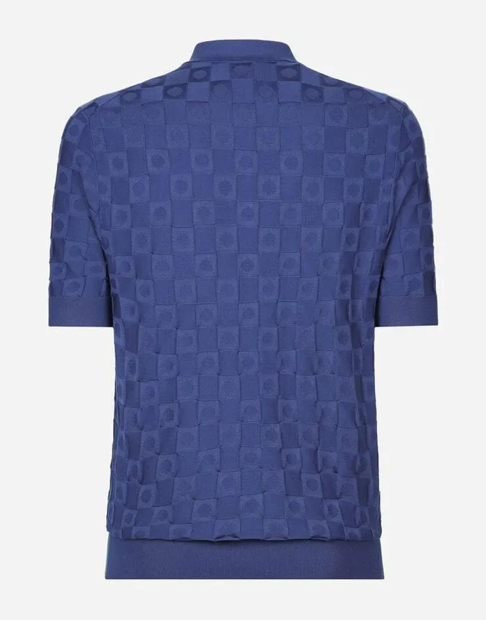 Dolce and Gabbana Sweaters And Cardigans Men 3D Check Silk Jacquard Poloshirt Azure Dolce and Gabbana Sweaters And Cardigans Men 3D Check Silk Jacquard Poloshirt Azure