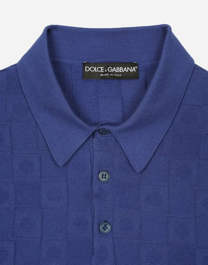 Dolce and Gabbana Sweaters And Cardigans Men 3D Check Silk Jacquard Poloshirt Azure Dolce and Gabbana Sweaters And Cardigans Men 3D Check Silk Jacquard Poloshirt Azure