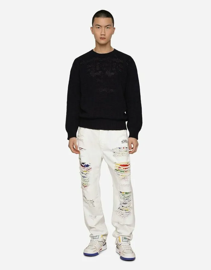 Dolce and Gabbana Sweaters And Cardigans Men Cotton Jacquard Sweater With Allover Jacquard DG Blue Dolce and Gabbana Sweaters And Cardigans Men Cotton Jacquard Sweater With Allover Jacquard DG Blue