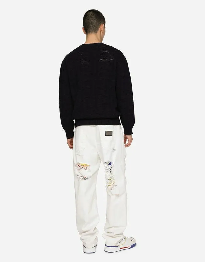 Dolce and Gabbana Sweaters And Cardigans Men Cotton Jacquard Sweater With Allover Jacquard DG Blue Dolce and Gabbana Sweaters And Cardigans Men Cotton Jacquard Sweater With Allover Jacquard DG Blue