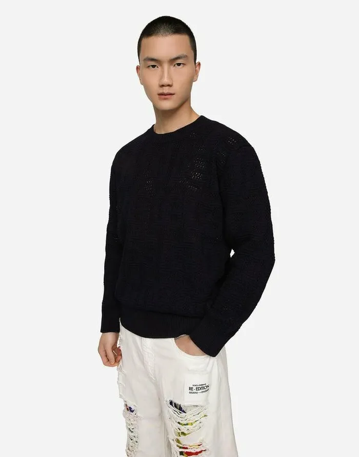 Dolce and Gabbana Sweaters And Cardigans Men Cotton Jacquard Sweater With Allover Jacquard DG Blue Dolce and Gabbana Sweaters And Cardigans Men Cotton Jacquard Sweater With Allover Jacquard DG Blue