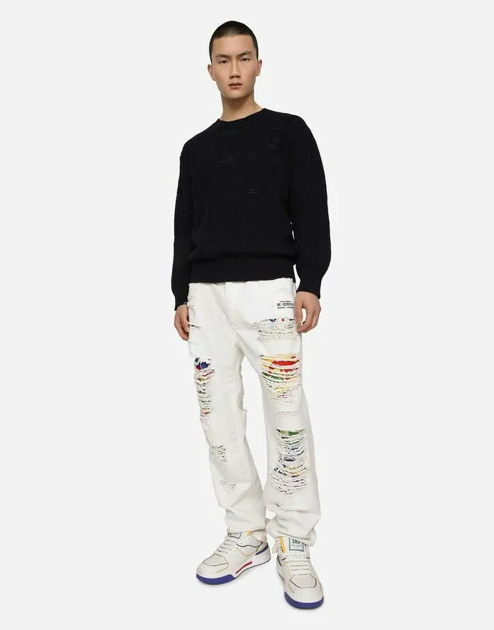 Dolce and Gabbana Sweaters And Cardigans Men Cotton Jacquard Sweater With Allover Jacquard DG Blue Dolce and Gabbana Sweaters And Cardigans Men Cotton Jacquard Sweater With Allover Jacquard DG Blue