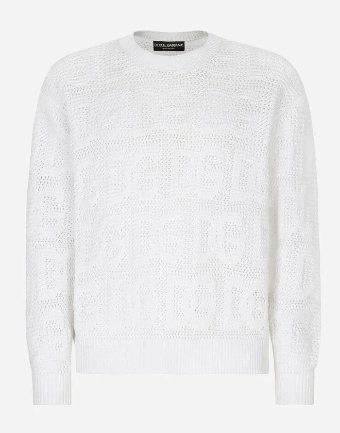 Dolce and Gabbana Sweaters And Cardigans Men Cotton Jacquard Sweater With Allover Jacquard DG White Dolce and Gabbana Sweaters And Cardigans Men Cotton Jacquard Sweater With Allover Jacquard DG White