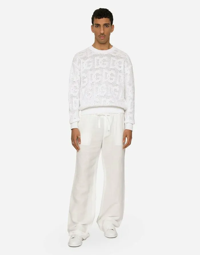 Dolce and Gabbana Sweaters And Cardigans Men Cotton Jacquard Sweater With Allover Jacquard DG White Dolce and Gabbana Sweaters And Cardigans Men Cotton Jacquard Sweater With Allover Jacquard DG White