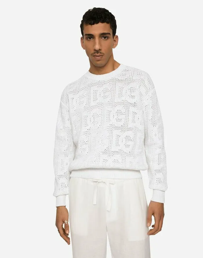 Dolce and Gabbana Sweaters And Cardigans Men Cotton Jacquard Sweater With Allover Jacquard DG White Dolce and Gabbana Sweaters And Cardigans Men Cotton Jacquard Sweater With Allover Jacquard DG White