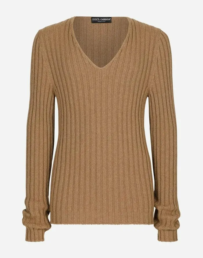 Dolce and Gabbana Sweaters And Cardigans Men Ribbed Camel Vneck Sweater Beige Dolce and Gabbana Sweaters And Cardigans Men Ribbed Camel Vneck Sweater Beige