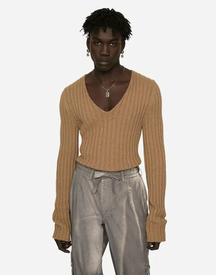 Dolce and Gabbana Sweaters And Cardigans Men Ribbed Camel Vneck Sweater Beige Dolce and Gabbana Sweaters And Cardigans Men Ribbed Camel Vneck Sweater Beige