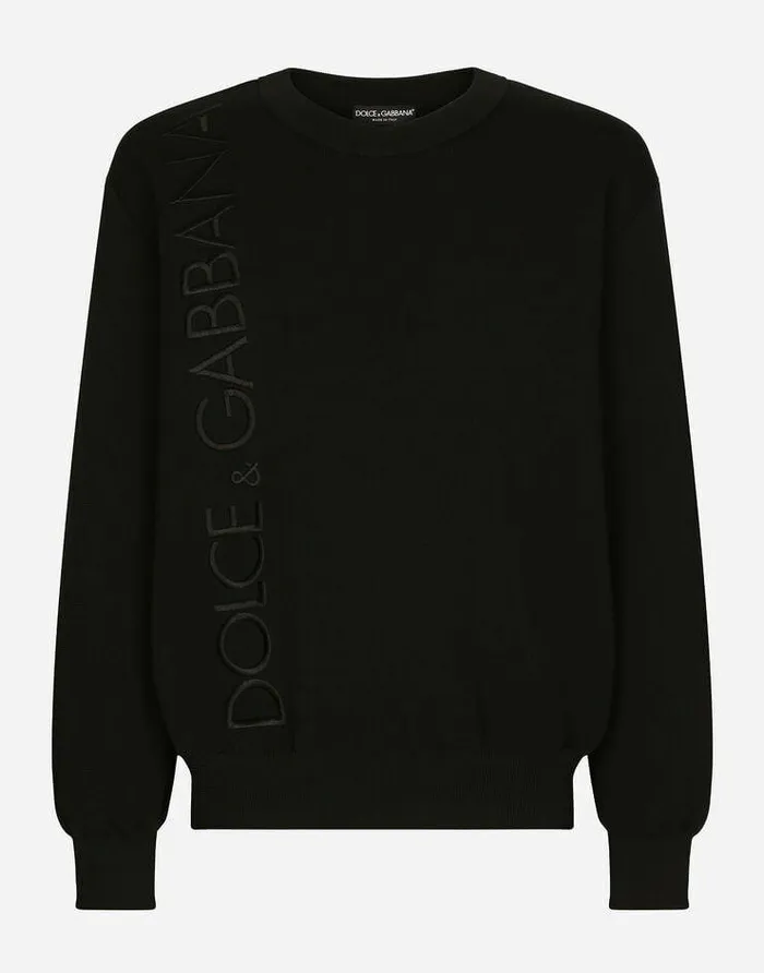 Dolce and Gabbana Sweaters And Cardigans Men Technical Wool Roundneck Sweater With Embroidery Black Dolce and Gabbana Sweaters And Cardigans Men Technical Wool Roundneck Sweater With Embroidery Black