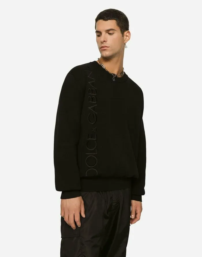Dolce and Gabbana Sweaters And Cardigans Men Technical Wool Roundneck Sweater With Embroidery Black Dolce and Gabbana Sweaters And Cardigans Men Technical Wool Roundneck Sweater With Embroidery Black