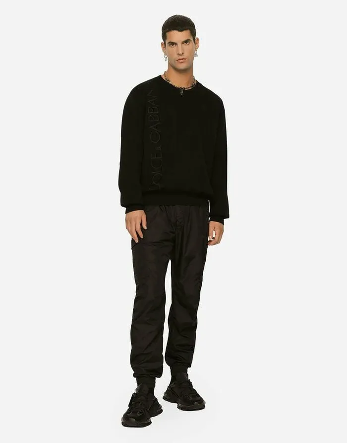 Dolce and Gabbana Sweaters And Cardigans Men Technical Wool Roundneck Sweater With Embroidery Black Dolce and Gabbana Sweaters And Cardigans Men Technical Wool Roundneck Sweater With Embroidery Black