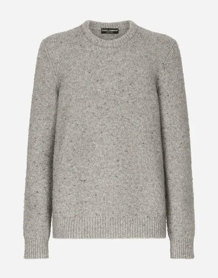 Dolce and Gabbana Sweaters And Cardigans Men Technical Wool Roundneck Sweater With Logo Tag Grey Dolce and Gabbana Sweaters And Cardigans Men Technical Wool Roundneck Sweater With Logo Tag Grey