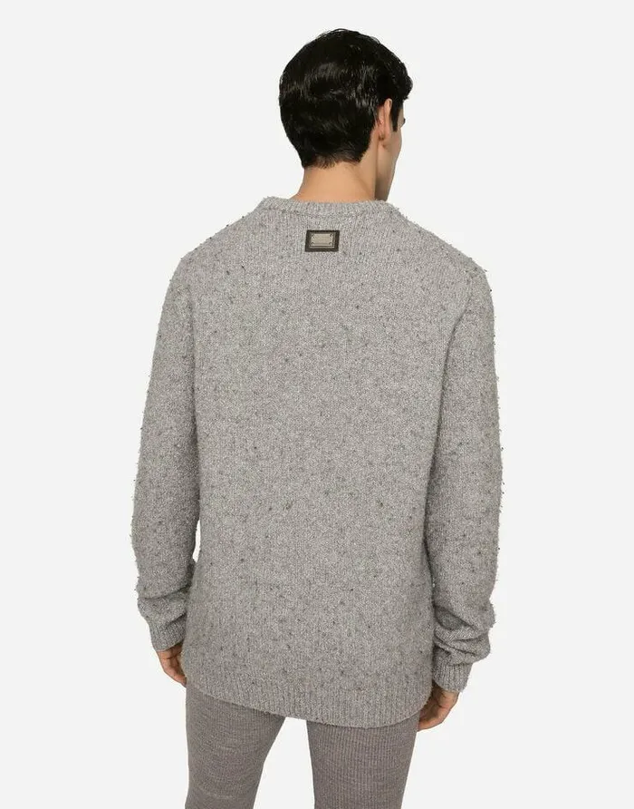 Dolce and Gabbana Sweaters And Cardigans Men Technical Wool Roundneck Sweater With Logo Tag Grey Dolce and Gabbana Sweaters And Cardigans Men Technical Wool Roundneck Sweater With Logo Tag Grey